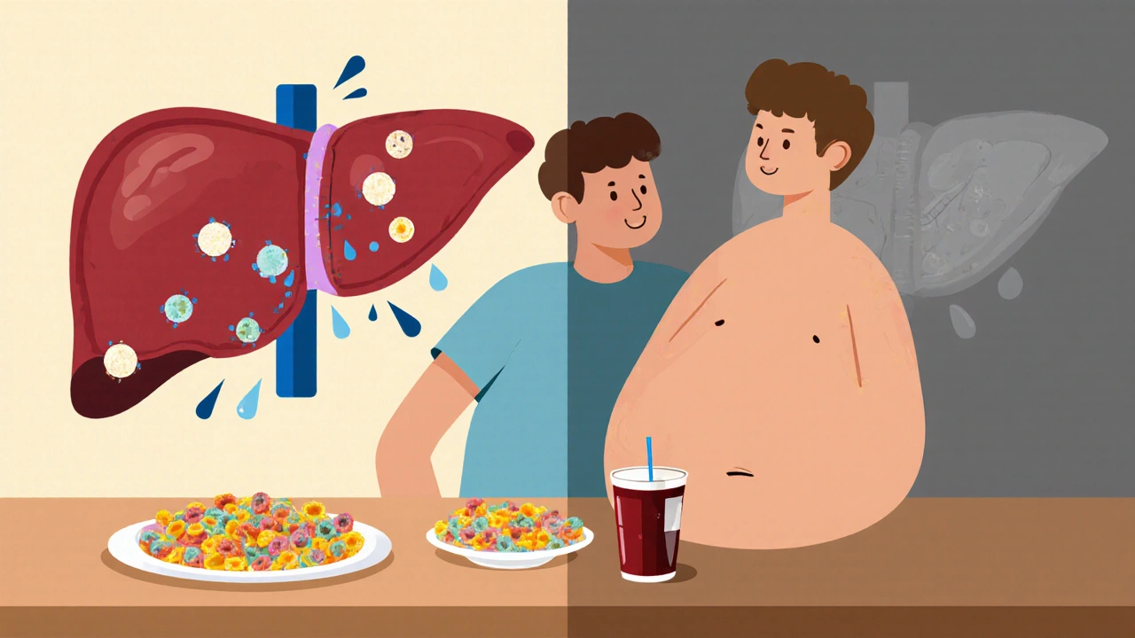 Person eating sugary food while liver in background is overloaded with fat