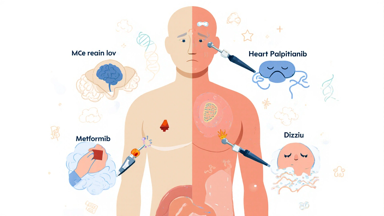 A fragmented human body being tested by different drugs, each triggering side effects like nausea, sleep loss, and interactions.