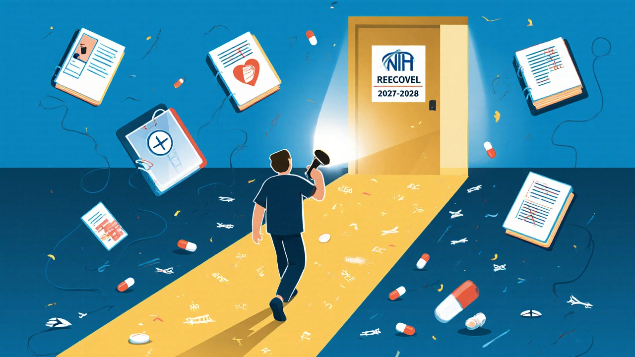 A person walking toward a distant FDA approval door, leaving behind discarded pills, guided by a flashlight in a clinical setting.