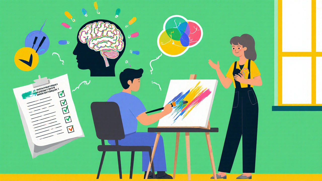 Art therapy session with patient painting, therapist, and brain pathway symbols.