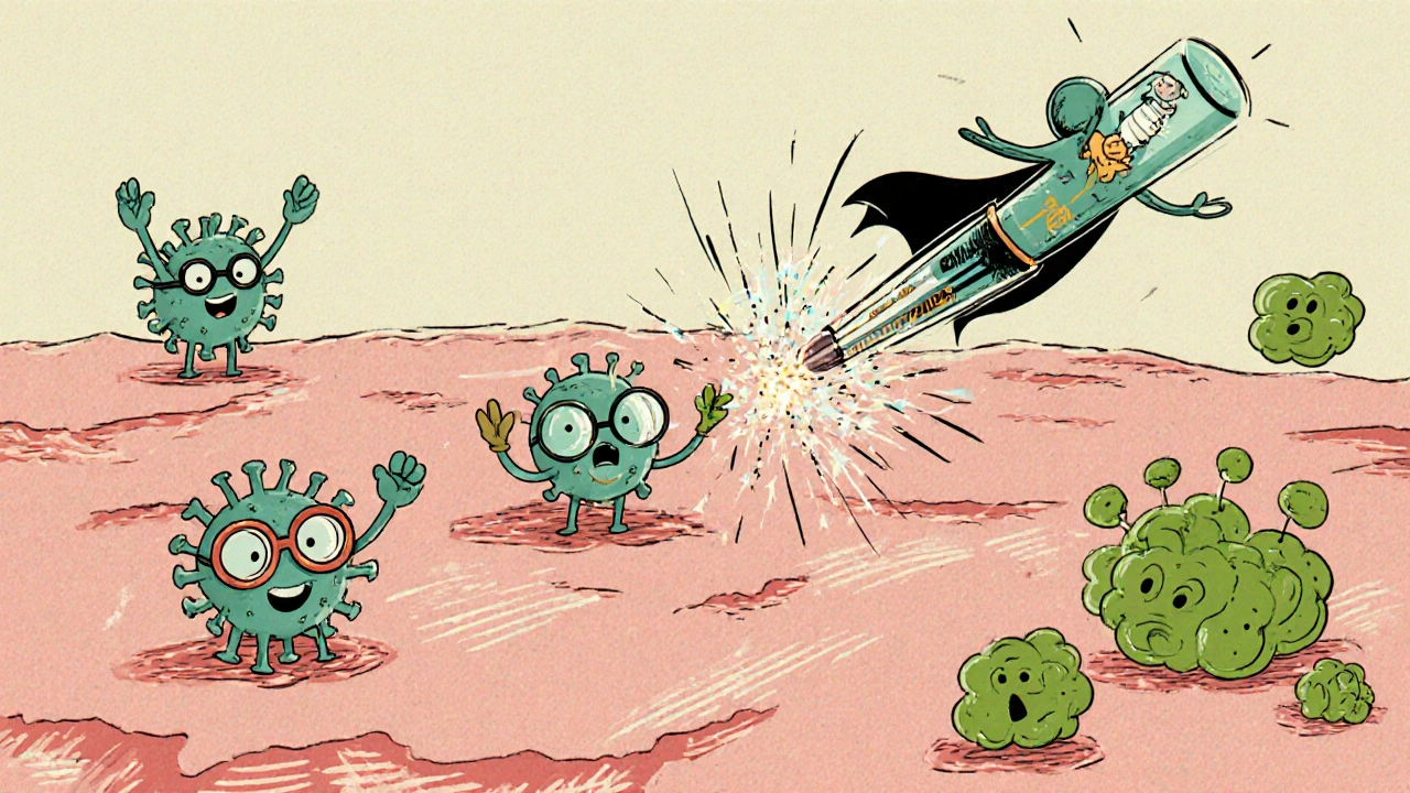 Cartoon immune cells with a heroic Imiquad tube attacking abnormal skin cells.