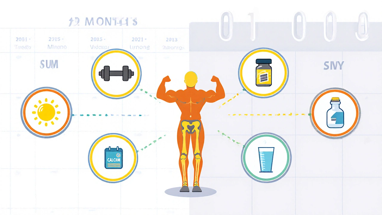 Circular timeline of 12 months with icons for sun, dumbbell, pills, and calcium around a strong-boned figure.