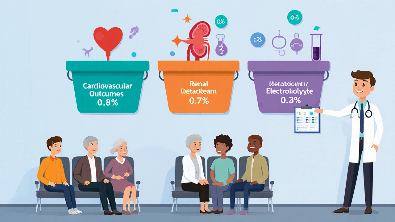 Clinic cartoon with doctor and patients beside three buckets labeled cardiovascular, renal, and electrolyte outcomes.