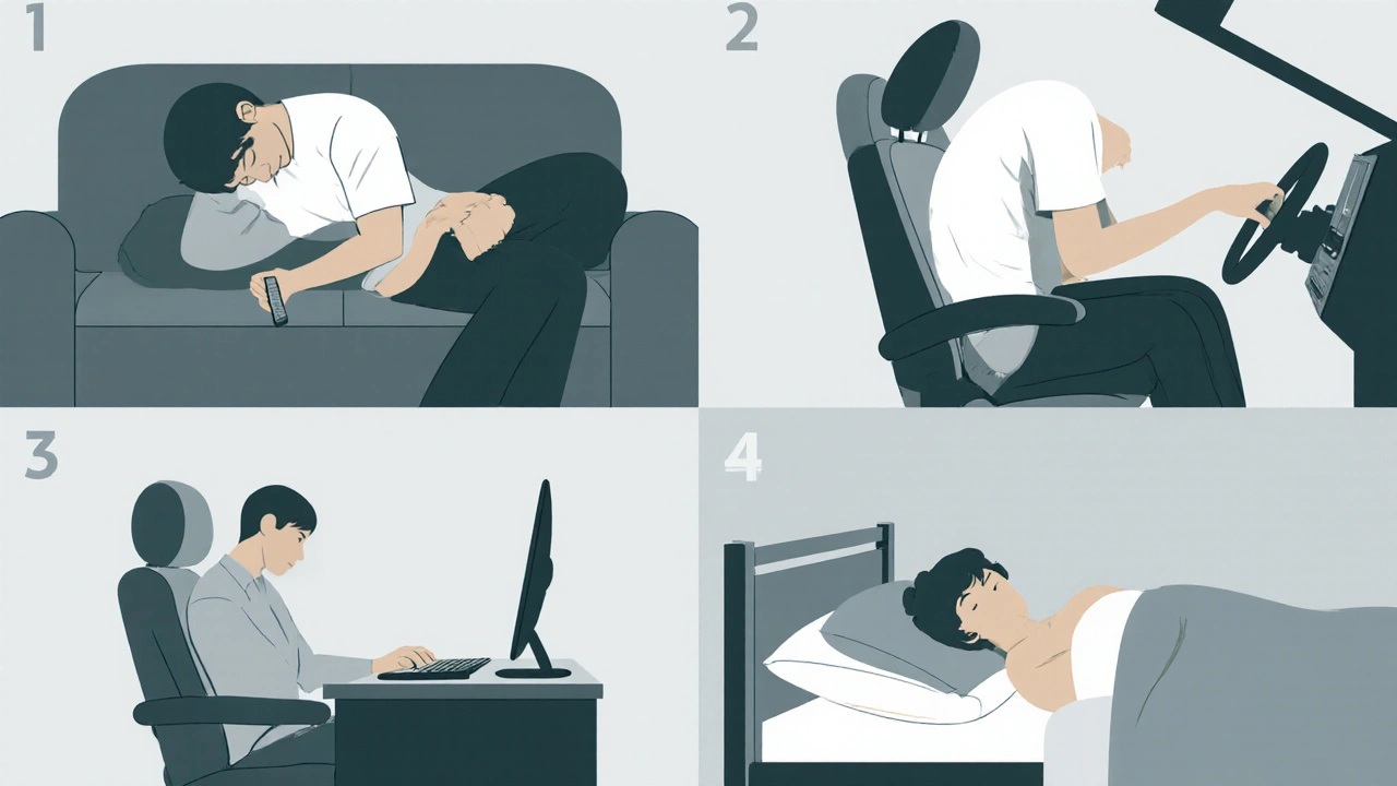 Collage of four bad‑posture scenarios: slouching on couch, hunched driving, curled desk work, lying flat in bed.