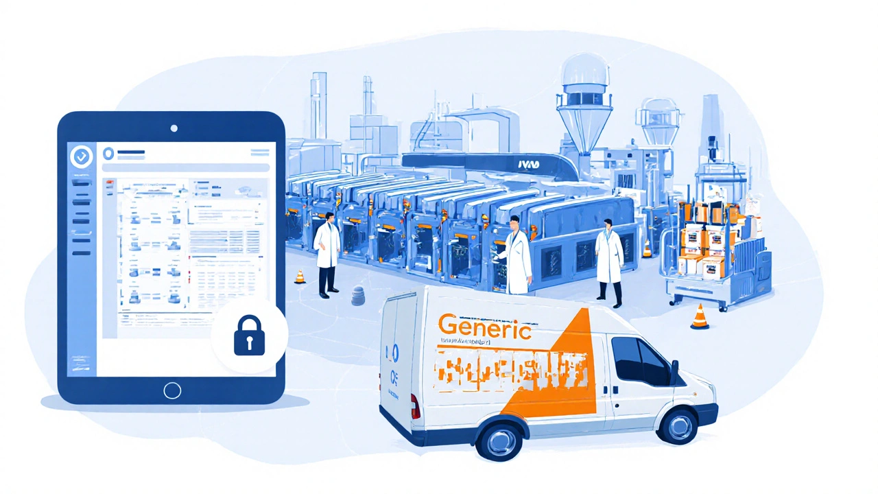 Collage of pharmacy website, manufacturing plant, and delivery van illustrating safe online purchase.