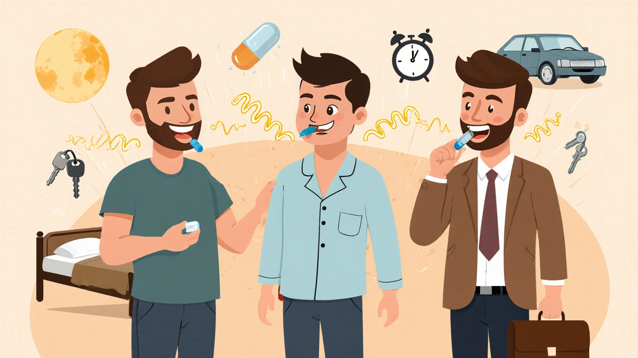 Diverse men using sublingual ED medication confidently in daily life settings.