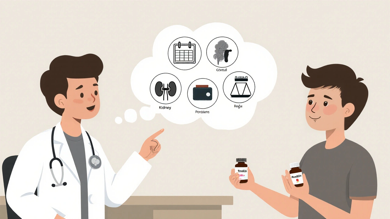 Doctor and patient discussing medication choices with icons for diet, kidney, cost, and weight.