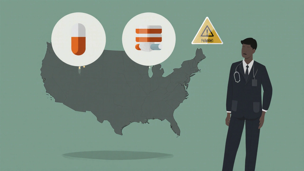 Doctor figure weighing treatment options, surrounded by icons for single-dose pill, multi‑day course, and safety warnings.