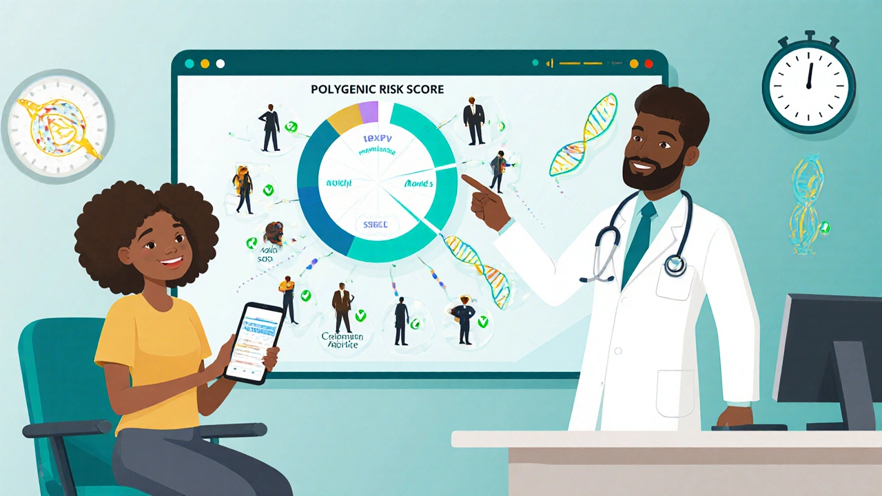 Doctor using a holographic dashboard with polygenic scores to guide treatment for patients of various ancestries.