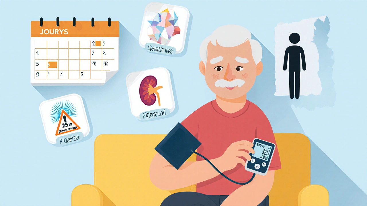 Elderly person checking blood pressure at home with calendar reminders and safety icons for gout, kidney, and dizziness.