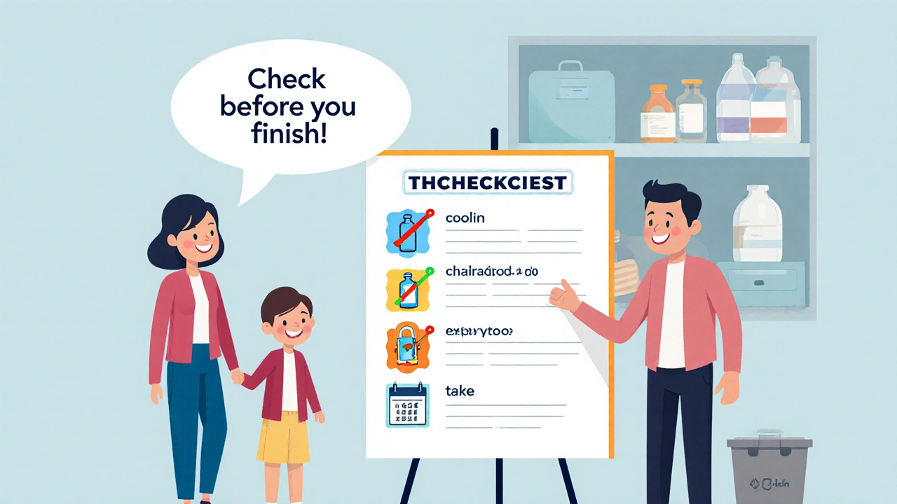 Family standing by a checklist board showing storage and disposal icons for Clarithromycin safety.
