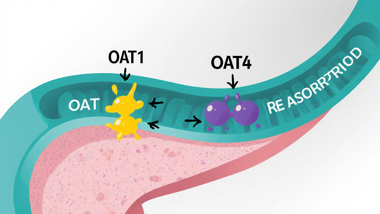Flat cartoon of kidney tubule showing thiazide and uric acid competing at transporters.