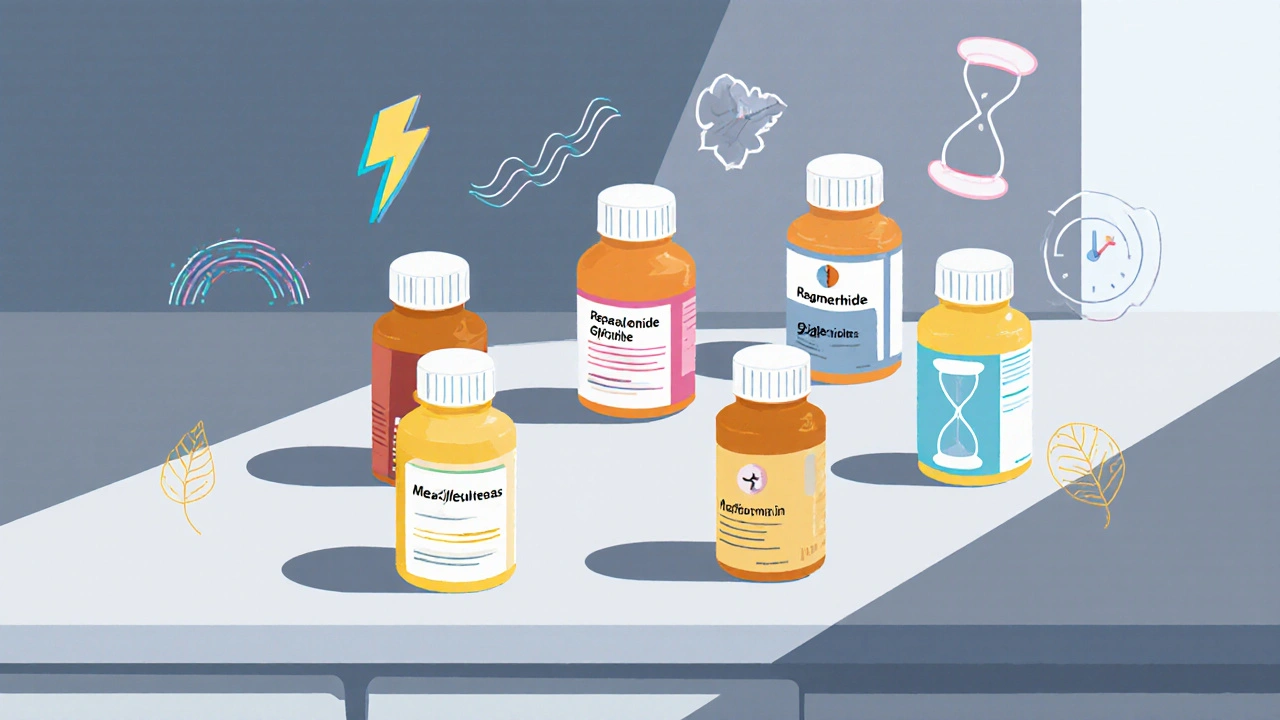 Flat design display of six diabetes pills with icons showing their properties.