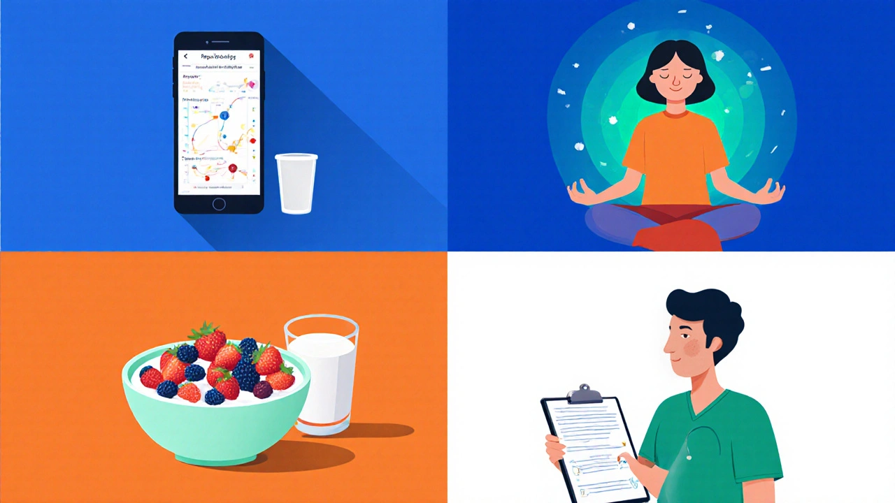 Flat‑design icons for cycle tracking, meditation, probiotic foods, and doctor visit.