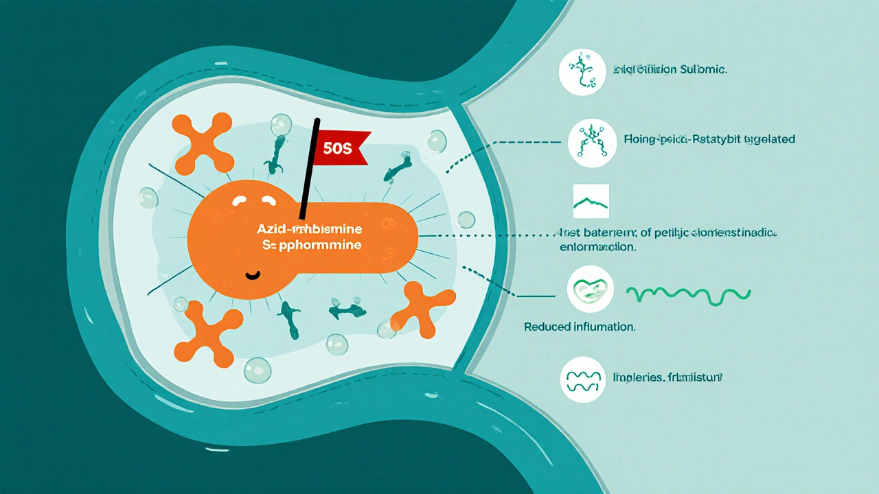Flat illustration of airway cells, bacteria, and azithromycin molecules blocking ribosomes.