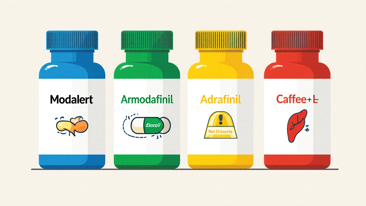 Four pill bottles with color-coded halos representing different nootropics and their safety profiles.