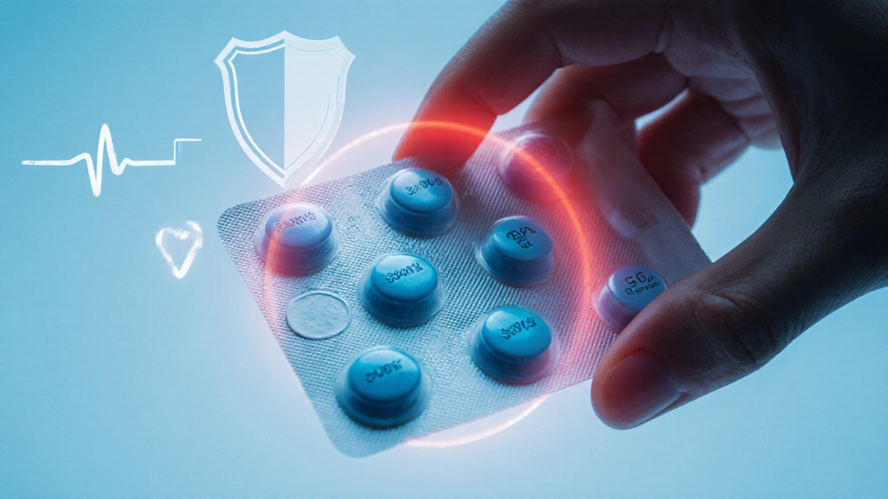 Hand inspecting a sealed blister pack of generic tadalafil pills with subtle warning glow.