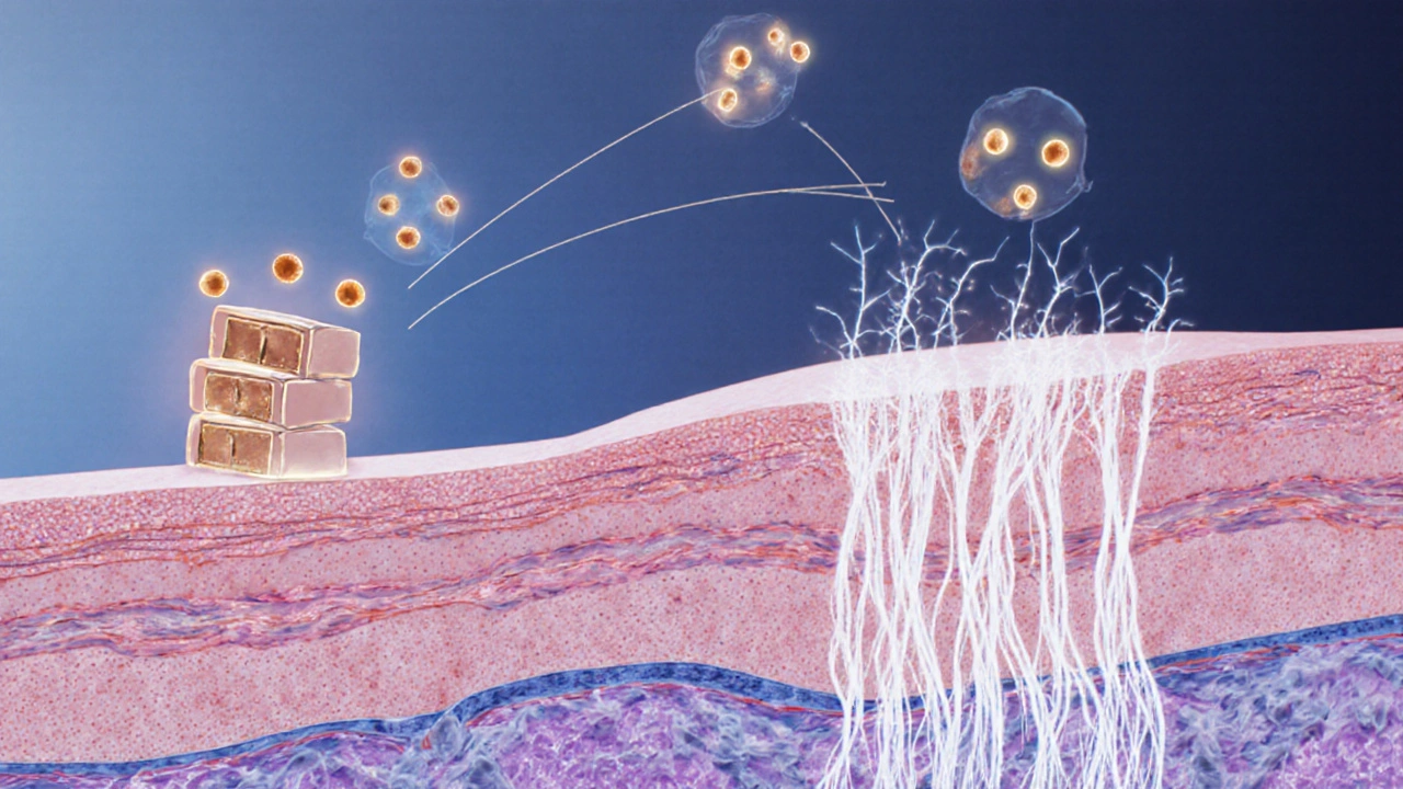 Illustrated skin cross‑section showing retinoid molecules binding to receptors.