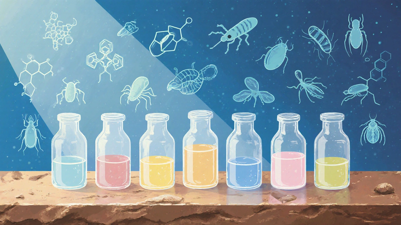 Lab bench with colored vials and swirling molecular models representing six antiparasitic drugs among parasite outlines.