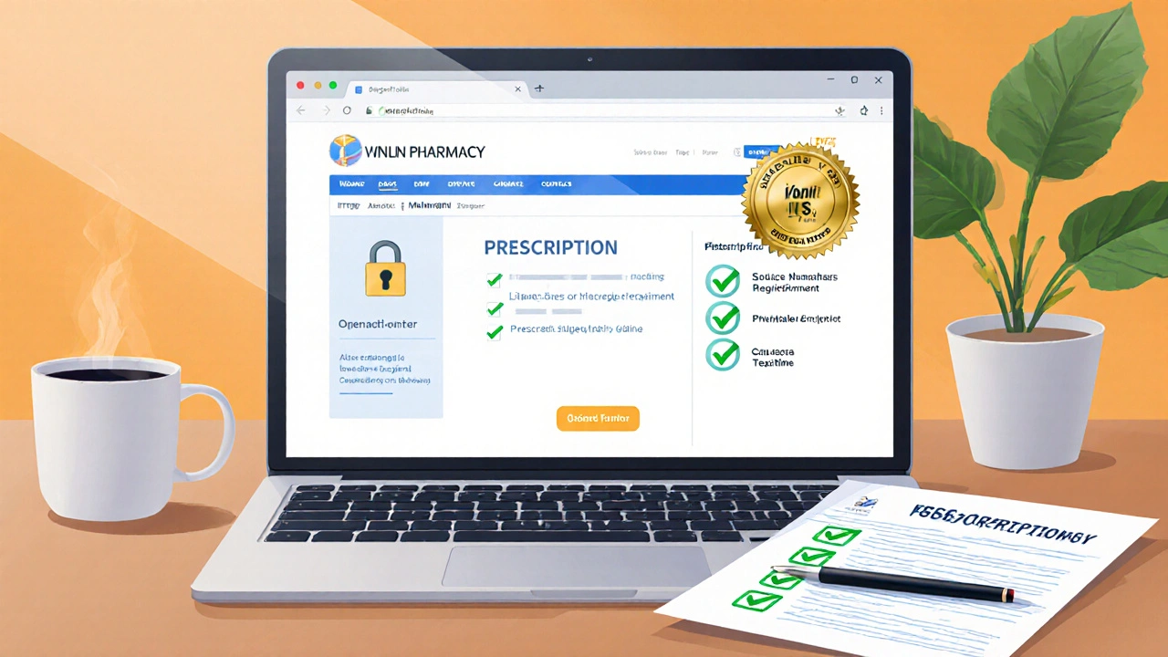 Laptop screen showing a secure pharmacy website with padlock, VIPPS seal, and checklist.