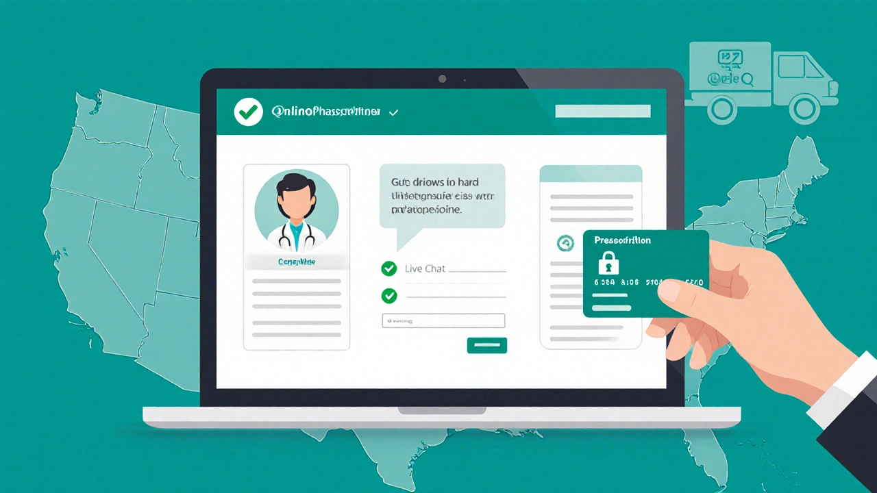 Laptop screen with verified pharmacy site, chat, and secure credit card payment icon.