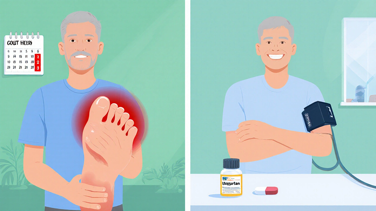 Man with swollen toe then later relieved with blood pressure cuff and new meds.