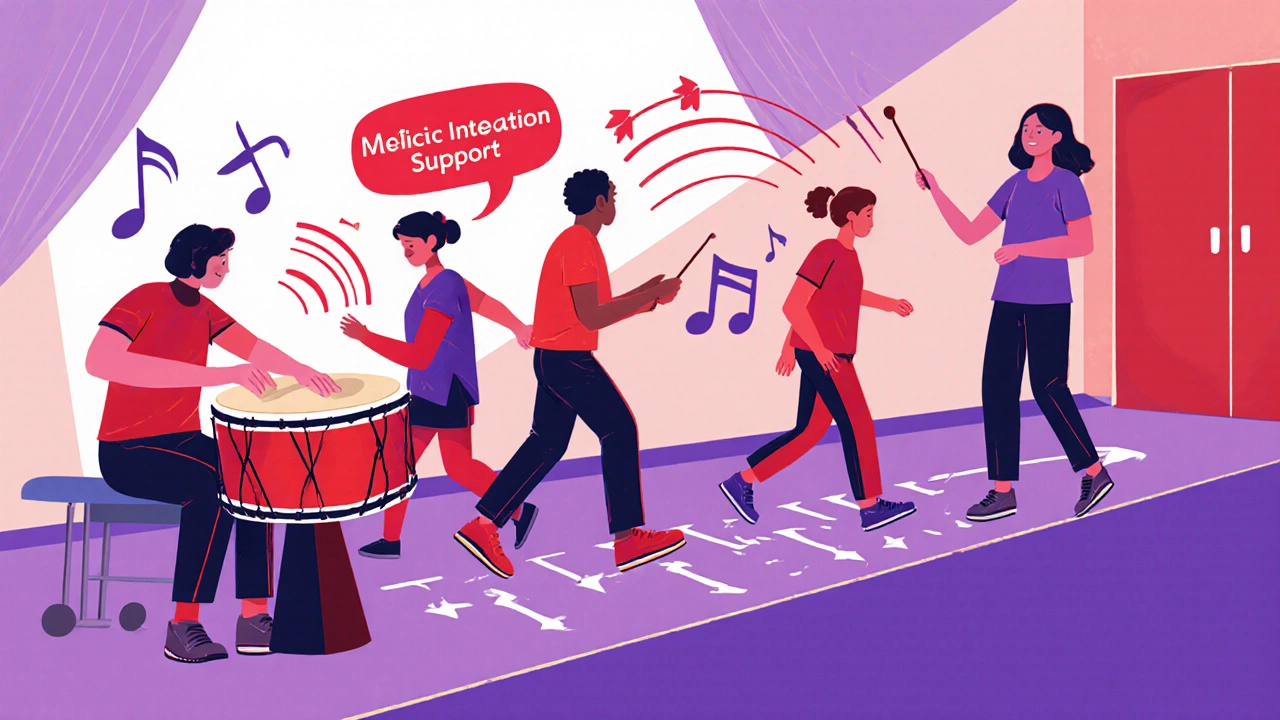 Music therapy group drumming and walking, showing sound waves guiding movement.