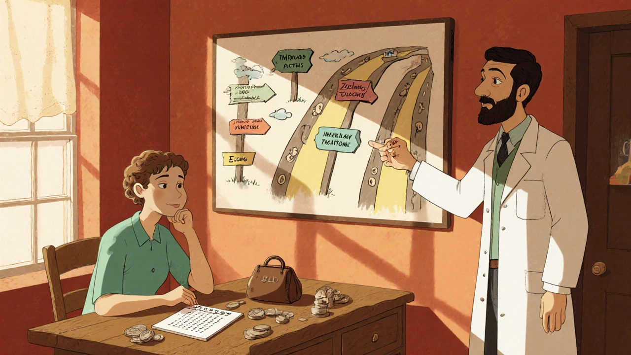 Patient at kitchen table reviewing treatment options with a doctor pointing at a wall chart.