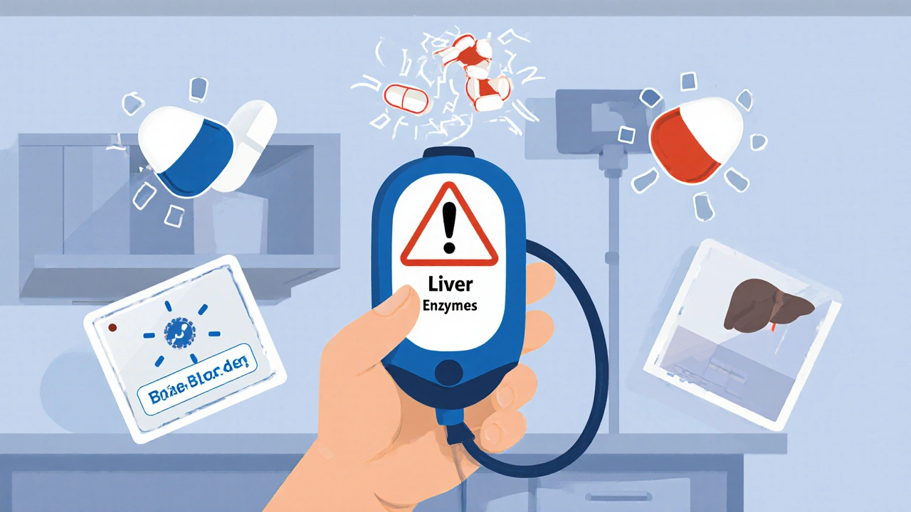 Patient checking blood pressure at home while rifampin and other meds are shown being metabolized away by liver enzymes.