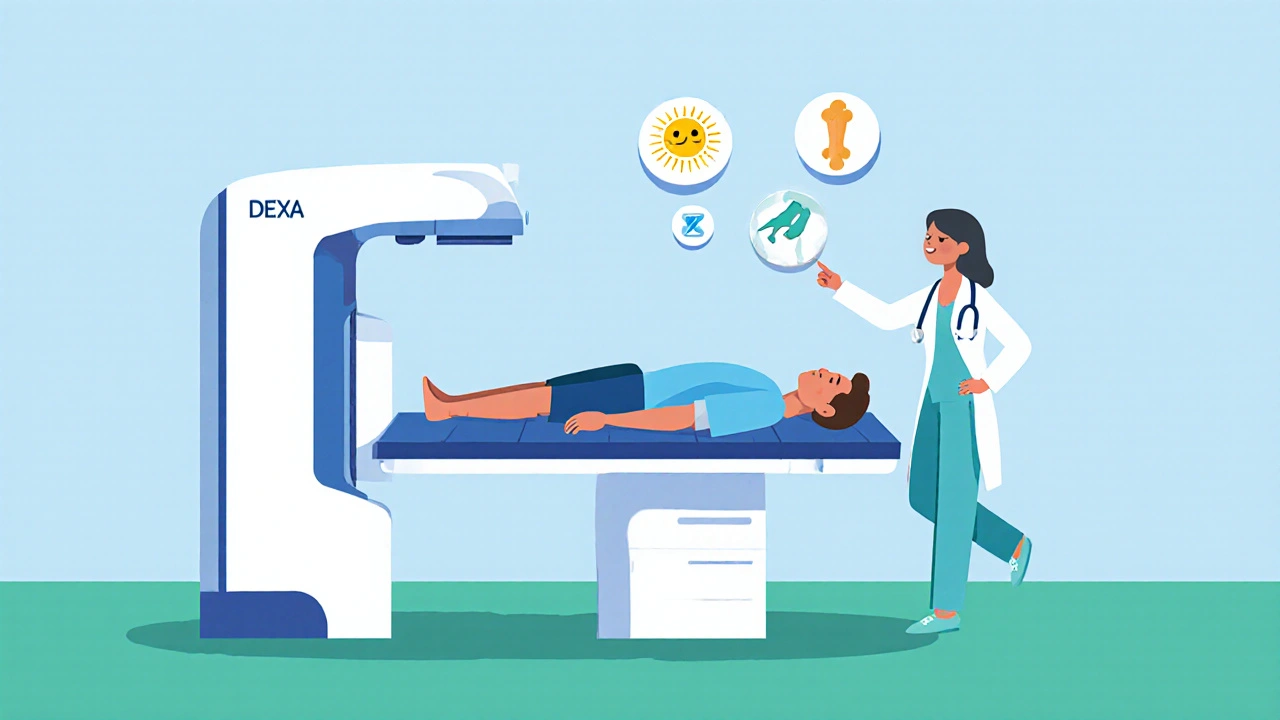 Patient on DEXA scanner with doctor and floating icons of calcium, vitamin D sun, and bone checkmark.