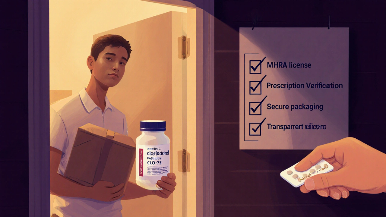 Patient opening a parcel, checking tablet imprint and confirming safety checklist.