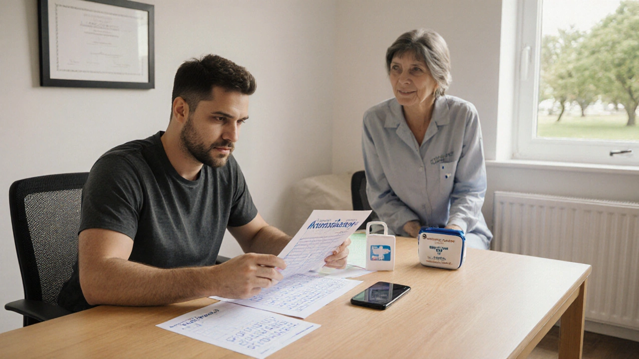 Patient reviewing advocacy toolkit with caregiver in bright consulting room.
