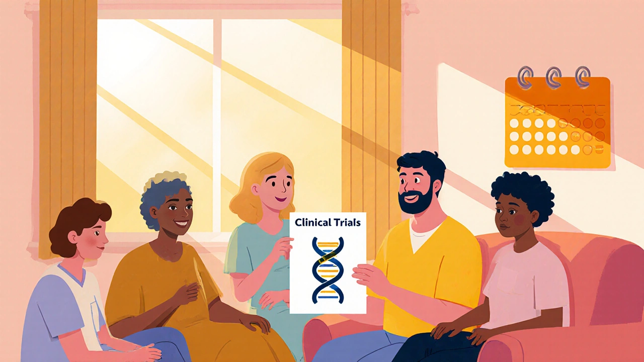 Patient with caregivers discussing clinical trials in a sunny living room.