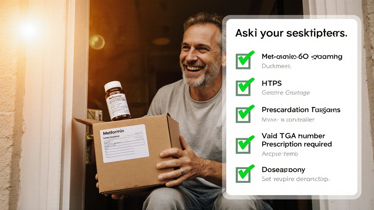 Person receives a parcel with labeled Metformin bottle, checklist icons confirming safe purchase.