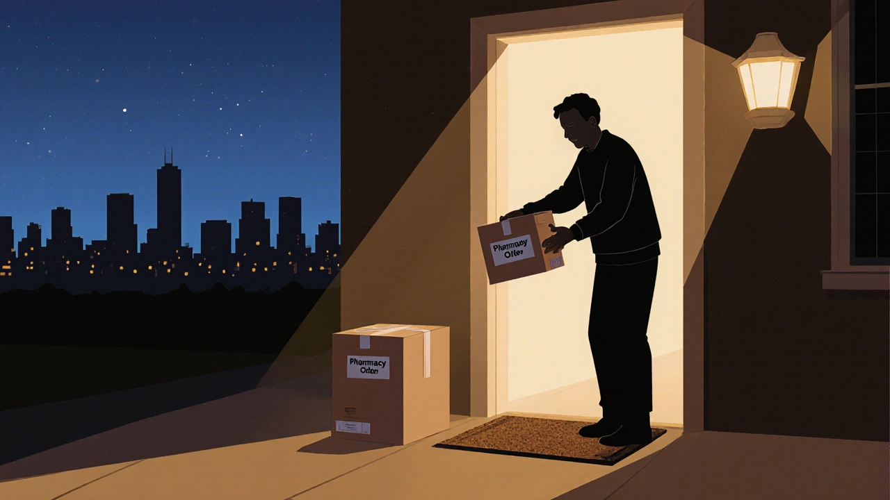 Person receiving an unbranded discreet box at their doorstep in evening light.