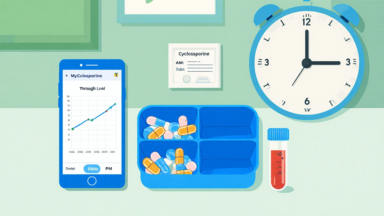 Pill organizer, smartphone app, and blood test tube showing cyclosporine monitoring.