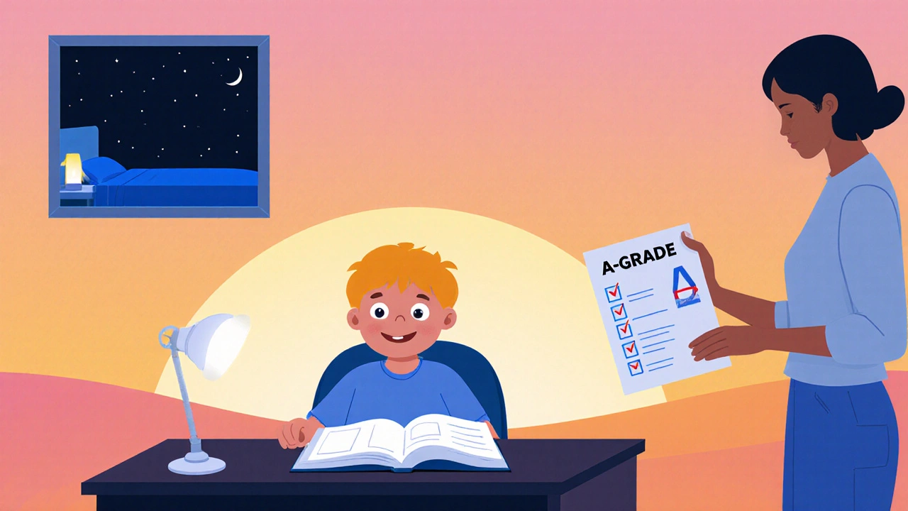 Refreshed child with an A‑grade after a good night's sleep, parent setting bedtime routine.