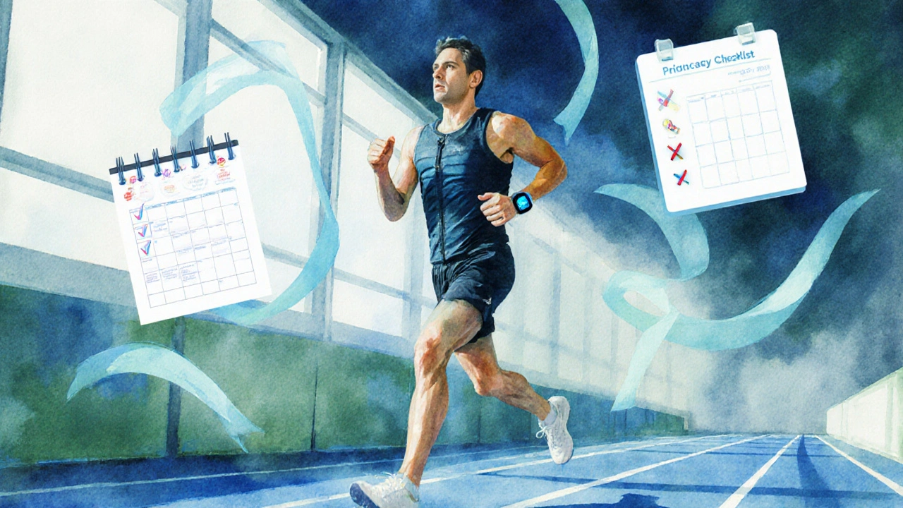 Runner with cooling vest and fatigue monitor on indoor track, checklist overlay.