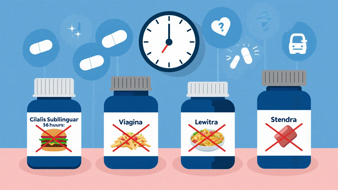 Side-by-side comparison of ED medications with speed and food interference icons.