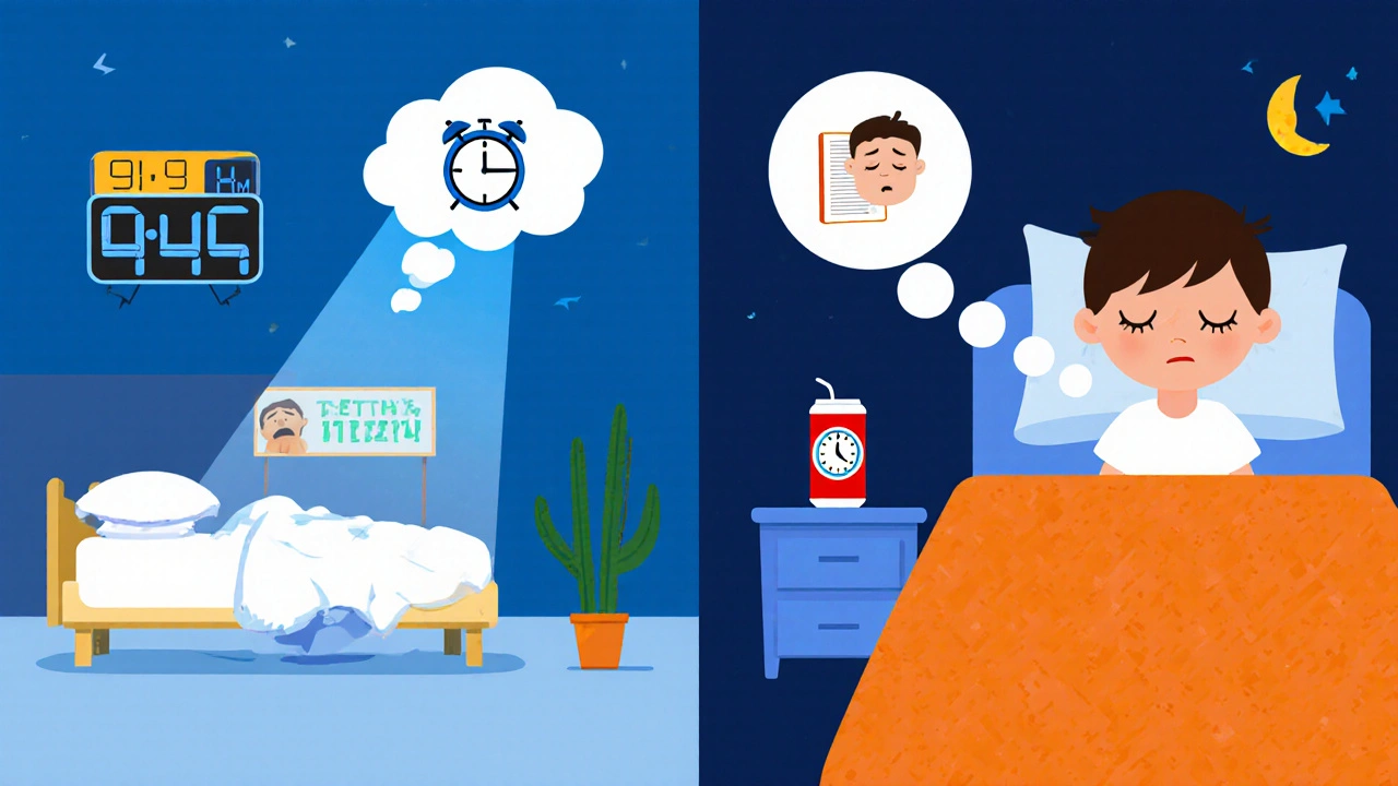 Split scene showing bedtime clock, glowing phone, snoring child, and stress thought bubble as sleepiness causes.