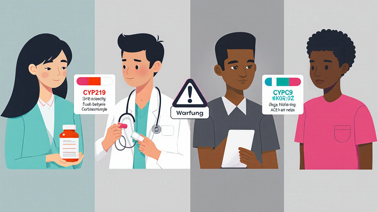 Split scene showing four patients with different drugs and genetic markers affecting medication effectiveness.
