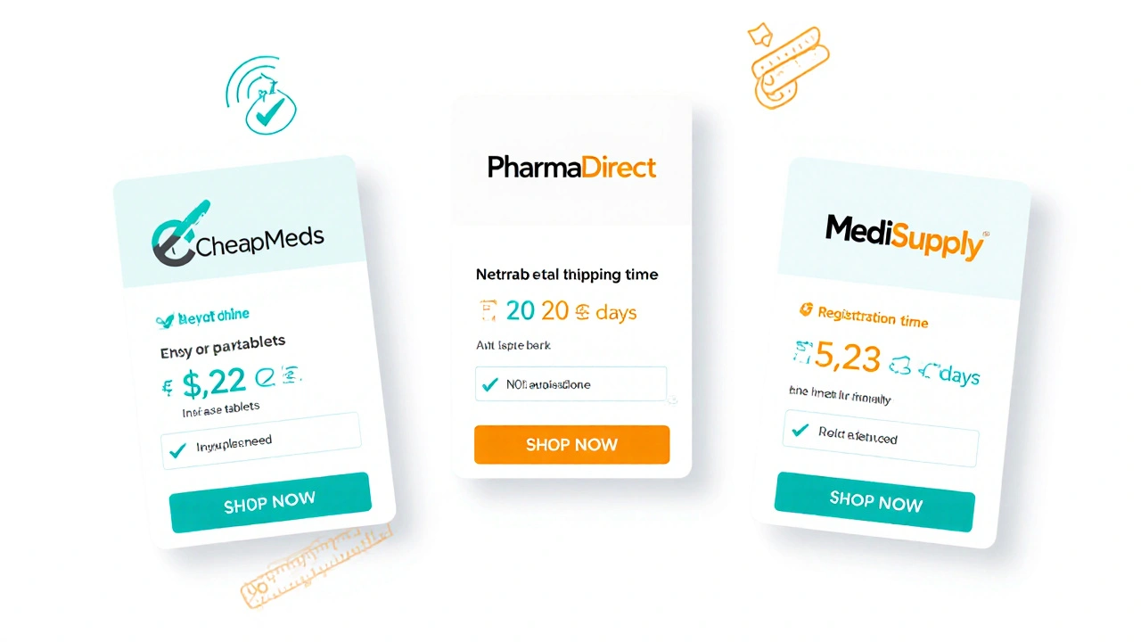 Three comparison cards depict CheapMeds, PharmaDirect, MediSupply with price, shipping, and TGA info.
