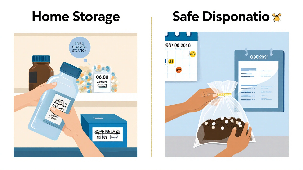 Two panels: home storage steps for Clarithromycin and safe disposal using a pharmacy take‑back box and crushed tablets.