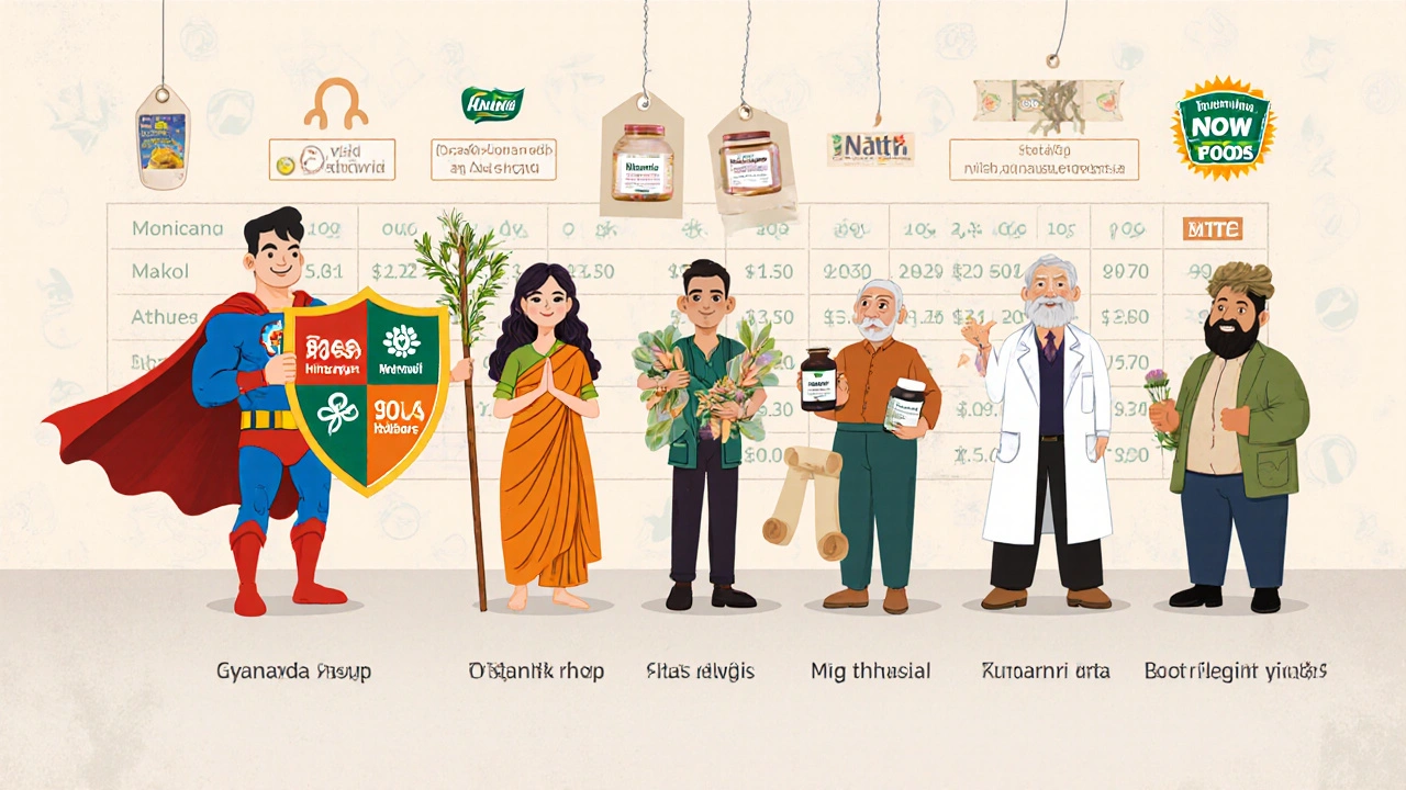 Vintage cartoon brand mascots lineup comparing Lukol, Himalaya, Organic India, Nature's Way, and NOW Foods.