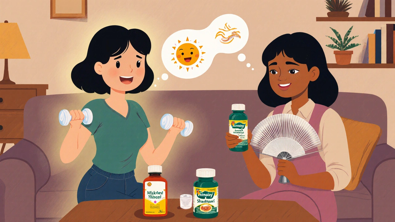 Vintage cartoon of Emma and Priya discussing supplements, showing Lukol and other bottles.