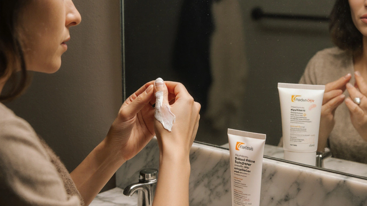 Woman’s hands applying a pea‑sized amount of cream to her face at night.
