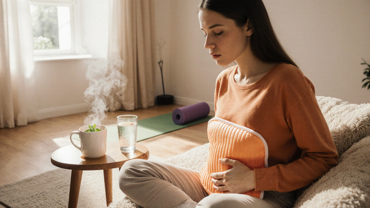 Woman using a warm pack, sipping peppermint tea, and doing yoga at home.