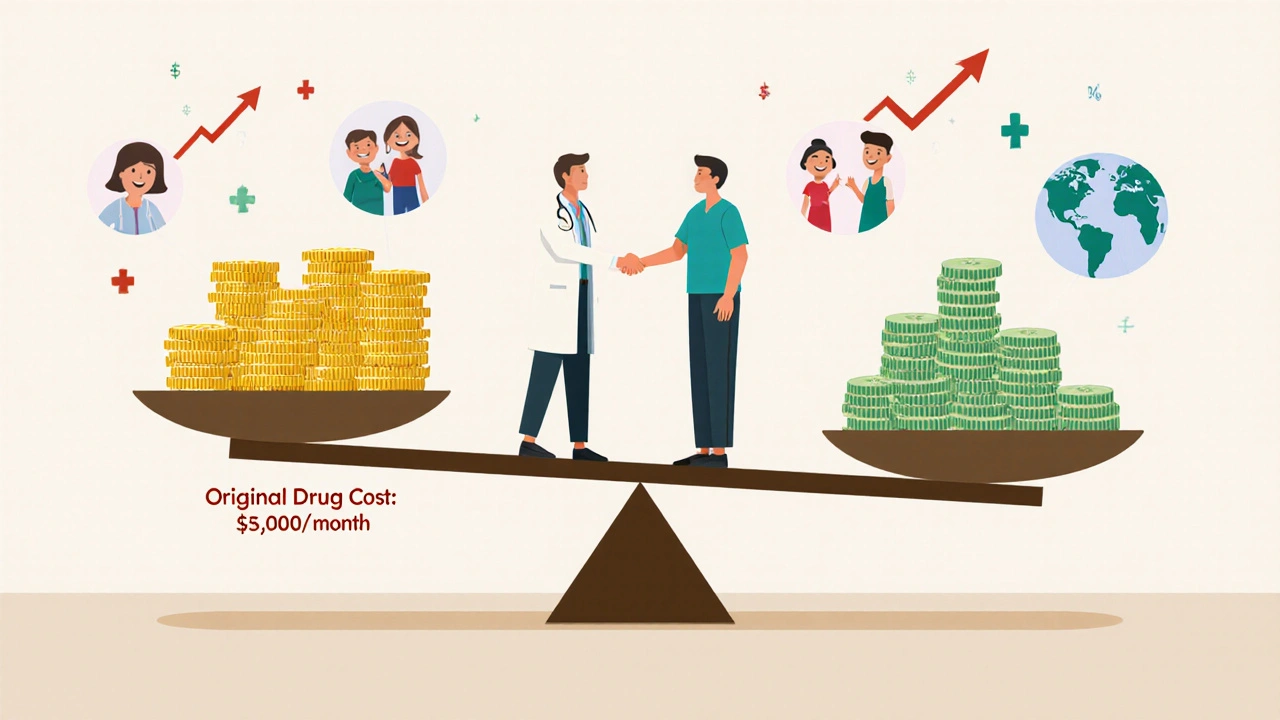 A balanced scale showing cost difference between brand biologic and biosimilar, with doctor and patient shaking hands.