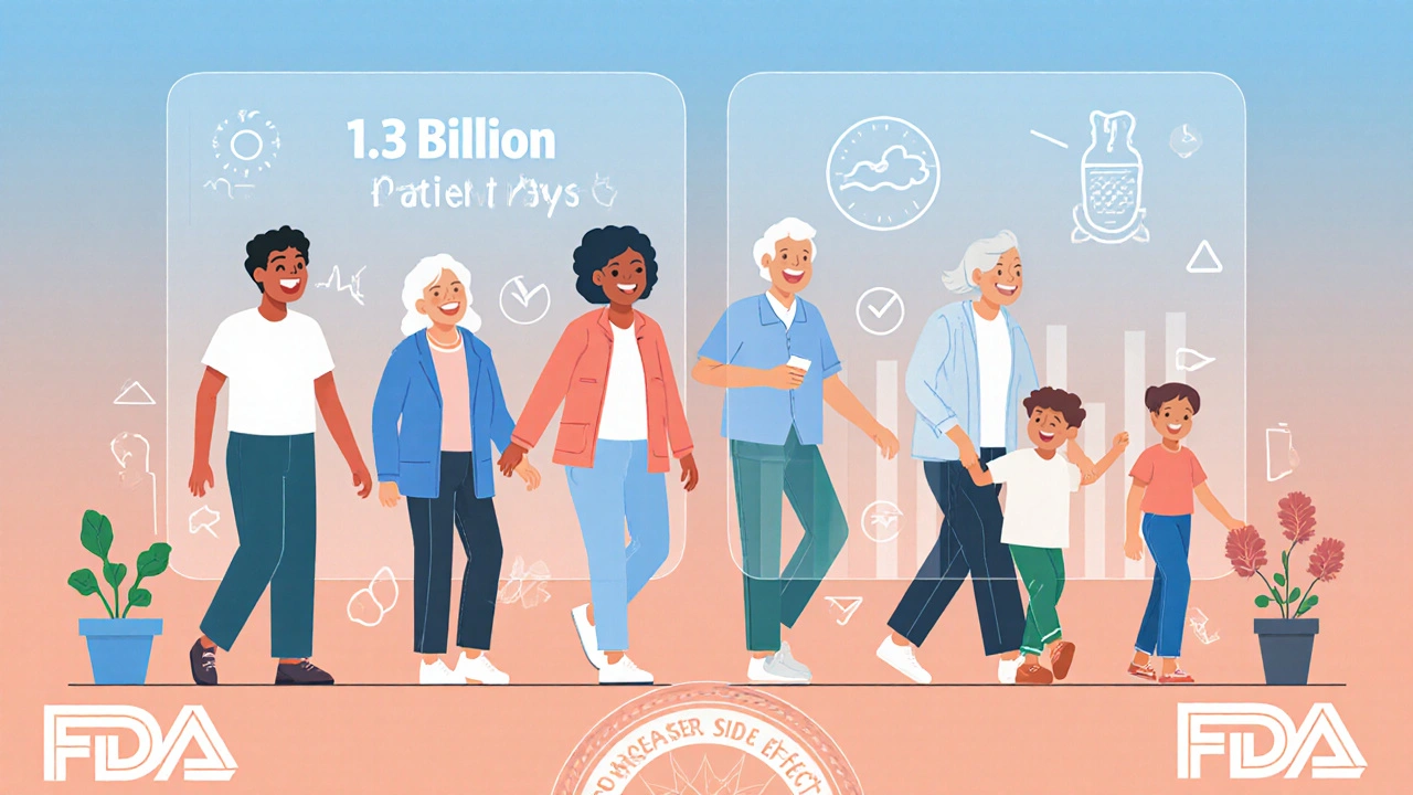 Diverse patients living active lives with data overlays showing safety and billions of treatment days.