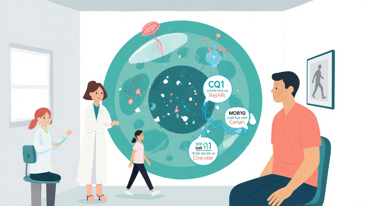 Doctor and patient with animated muscle cell diagram showing calcium leaks and CoQ10 loss.
